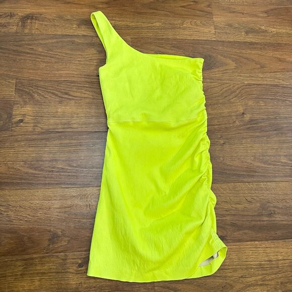 SPRWMN Los Angeles One Shoulder Ruched Neon Leather Mini Dress - Picture 5 of 8